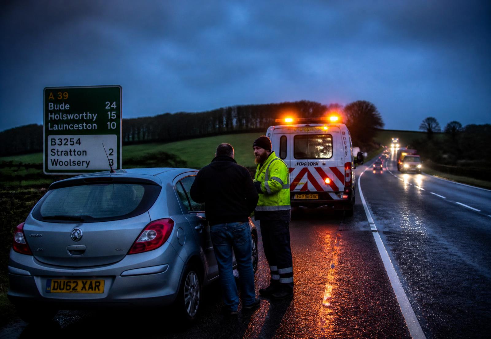 Roadside technician in a hi-vis jacket assisting a motorist beside a recovery vehicle on a UK road